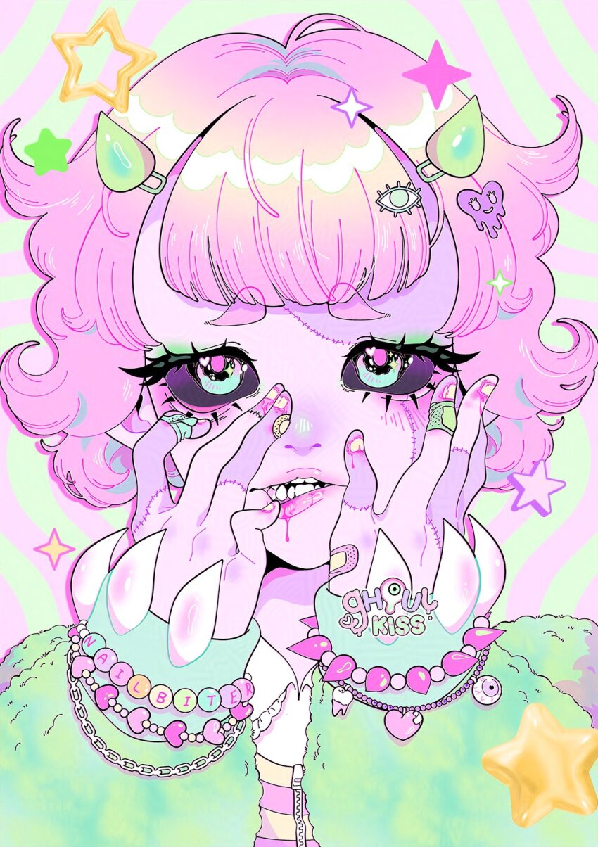1girl abstract_background artist_logo bandaid bandaid_on_finger bandaid_on_hand bead_bracelet beads black_sclera blood blood_from_mouth blood_on_hands blunt_bangs blush bracelet collared_shirt color_contrast colored_sclera colored_skin curly_hair eye_hair_ornament eyeball_bracelet eyeshadow fake_claws fake_horns fluffy ghoulkiss green_background green_eyes green_eyeshadow green_horns green_jacket hair_ornament hands_on_own_face heart heart_bracelet heart_hair_ornament heart_in_eye highres horns jacket jewelry logo long_sleeves looking_at_viewer makeup multiple_bracelets open_mouth original pink_background pink_blood pink_hair pink_pupils pink_shirt purple_shirt purple_skin scene_fashion sharp_teeth shirt short_hair sleeves_past_wrists solo sparkle sparkling_eyes star_(symbol) stitched_face stitched_hand stitches striped_clothes striped_shirt symbol_in_eye teeth white_shirt yellow_nails zipper