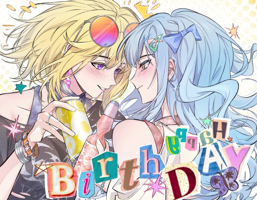 2girls absurdres bang_dream! bang_dream!_it&#039;s_mygo!!!!! black_shirt blue_bow blue_hair blush bottle bow bracelet can chinese_commentary closed_mouth clothing_cutout commentary_request ear_piercing earrings eyewear_on_head glint gradient_eyes hair_between_eyes hair_bow happy_birthday hero45439083942 highres holding holding_bottle holding_can jewelry linked_piercing long_hair misumi_uika multicolored_eyes multiple_girls open_mouth piercing purple_eyes ramune ring shirt shoulder_cutout sidelocks togawa_sakiko upper_body white_shirt yellow_eyes