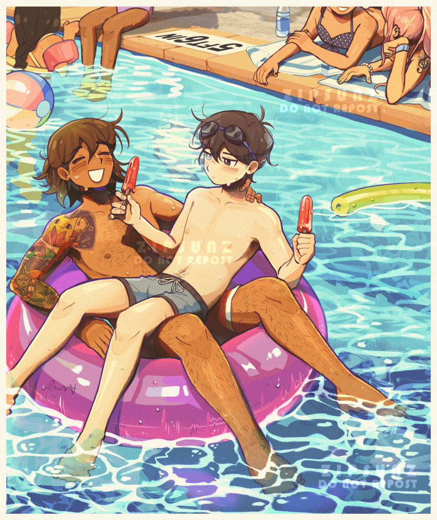 2boys 4girls arm_tattoo artist_name aubrey_(faraway)_(omori) aubrey_(omori) barefoot black_eyes black_hair blush bright_pupils brown_hair closed_eyes collarbone dark-skinned_male dark_skin food highres holding holding_food holding_popsicle innertube kel_(faraway)_(omori) kel_(omori) long_hair looking_at_another lying male_focus male_swimwear multiple_boys multiple_girls navel nipples omori on_back open_mouth pink_hair pool_noodle popsicle smile spoilers sunny_(omori) swim_ring swim_trunks tattoo topless_male white_pupils zipsunz