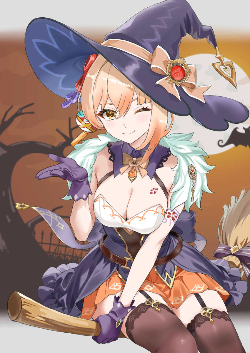 ;) absurdres ankafu arm_tattoo back_ribbon bare_tree belt blonde_hair breast_tattoo breasts broom broom_ribbon broom_riding corset cosplay dress eyeliner fur_trim garter_straps genshin_impact gloves hair_ornament halloween halloween_costume hat hat_ribbon highres large_breasts lisa_(genshin_impact) lisa_(genshin_impact)_(cosplay) makeup medium_hair one_eye_closed orange_skirt orange_sky purple_corset purple_gloves purple_hat pyro_symbol_(genshin_impact) red_eyeliner ribbon skindentation skirt sky smile solo tattoo thighhighs too_many_ribbons tree vision_(genshin_impact) witch witch_hat yellow_eyes yoimiya_(genshin_impact) zettai_ryouiki