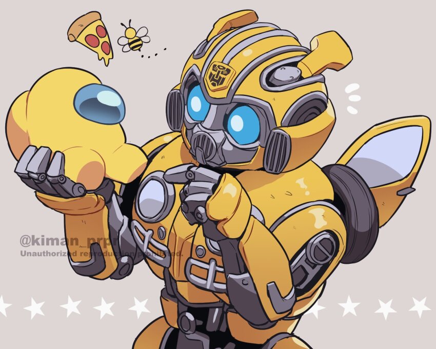among_us autobot bumblebee_(insect) bumblebee_(movie) bumblebee_(transformers) color_connection commentary_request crewmate_(among_us) food helmet highres insignia kiman mecha pizza pizza_slice robot space_helmet spacesuit star_(symbol) transformers transformers_(live_action) twitter_username watermark yellow_(among_us)