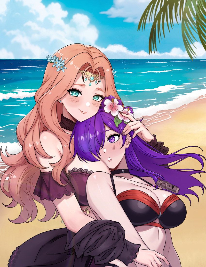 2girls absurdres alternate_costume beach bikini black_bikini breast_smother breasts cleavage cornelia_arnim face_to_breasts female_focus female_shez_(fire_emblem) female_shez_(summer)_(fire_emblem) fire_emblem fire_emblem:_three_houses fire_emblem_heroes fire_emblem_warriors:_three_hopes flower green_eyes hair_flower hair_ornament highres hug large_breasts medium_breasts mole mole_on_breast multiple_girls nintendo official_alternate_costume orange_hair outdoors palm_tree purple_bikini purple_eyes purple_hair rein_creamsoda swimsuit tree