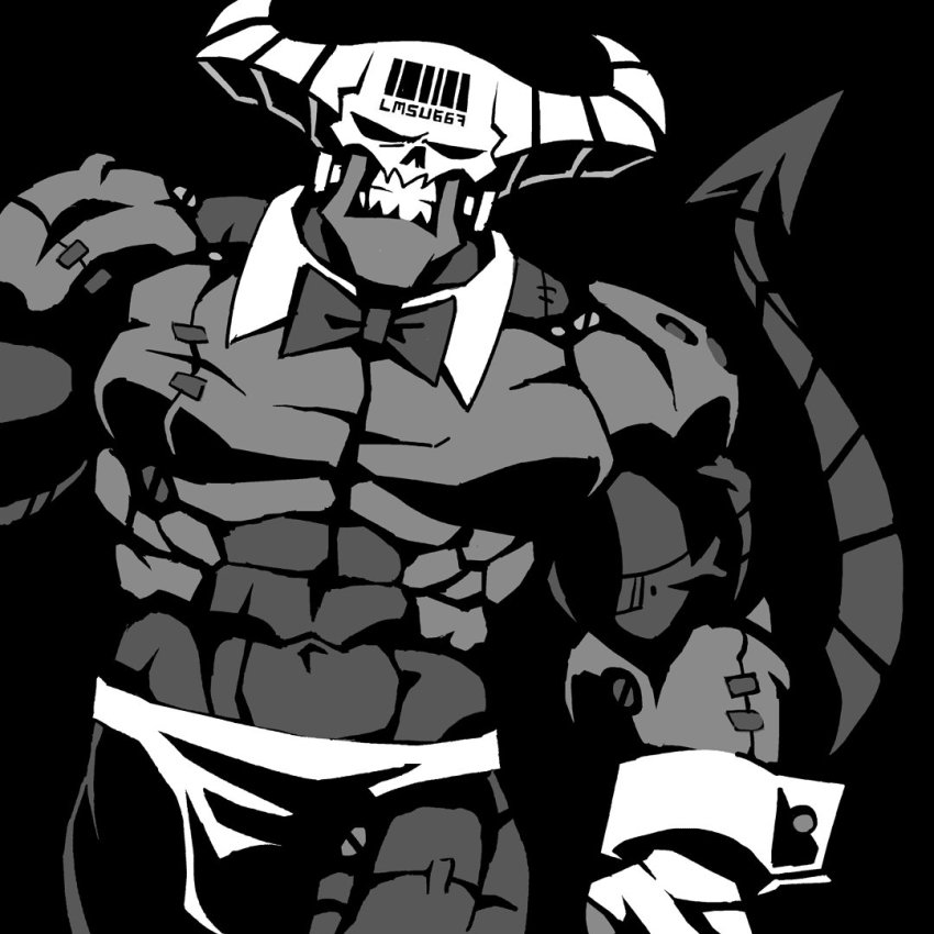1boy abs barcode barcode_tattoo black_background bow bowtie clenched_teeth commentary cowboy_shot demon demon_boy demon_tail detached_collar english_commentary greyscale helltaker horns looking_at_viewer male_focus monochrome solo subject_67_(helltaker) tail tattoo teeth vanripper