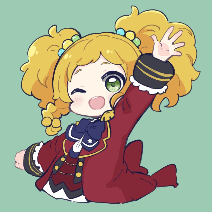 1girl ;d aikatsu!_(series) aikatsu_stars! arm_up blonde_hair blue_bow blush bow braid chibi commentary cropped_torso forehead green_background green_eyes hair_bobbles hair_ornament highres jacket long_hair looking_at_viewer nikaido_yuzu nozo_(hitomiz) one_eye_closed open_clothes open_jacket open_mouth red_jacket red_vest shirt simple_background single_braid smile solo thick_eyebrows twintails upper_body vest white_shirt