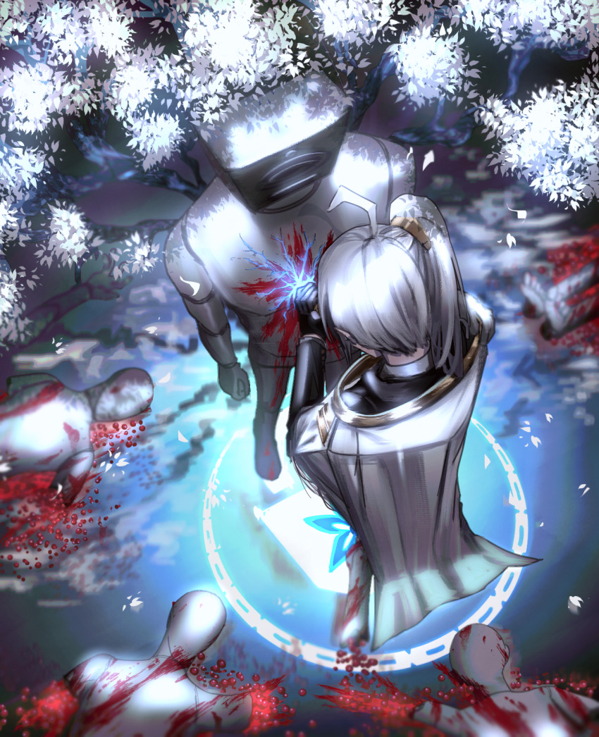 1boy 6+others ahoge black_gloves black_jacket blood cape chain from_above gloves highres jacket library_of_ruina long_hair long_sleeves m_ttl mannequin multiple_others project_moon side_ponytail solo_focus stab standing white_cape white_hair yan_vismok