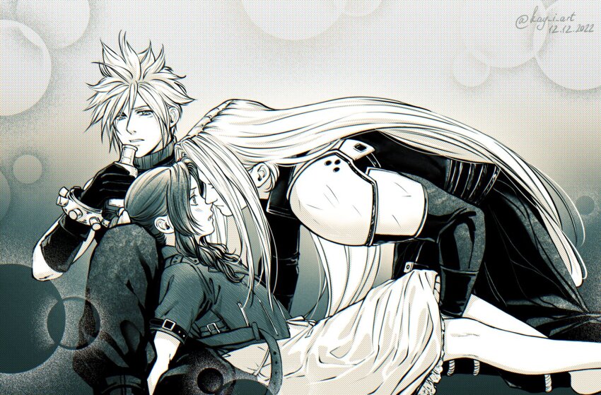 1girl 2boys aerith_gainsborough armor baggy_pants between_legs black_gloves black_jacket blush bottle cloud_strife cropped_jacket dated derivative_work dress feet_out_of_frame final_fantasy final_fantasy_vii final_fantasy_vii_remake gloves greyscale hair_between_eyes hair_ribbon hand_between_legs hand_under_dress hetero holding holding_bottle imminent_kiss jacket kay-i kneeling lap_pillow leaning_forward long_bangs long_dress long_hair long_sleeves looking_at_another meme monochrome multiple_boys pants parted_bangs parted_lips reclining ribbon sephiroth short_hair short_sleeves shoulder_armor sidelocks sleeveless sleeveless_turtleneck spiked_hair square_enix straight_hair turtleneck twitter_username wavy_hair wide-eyed