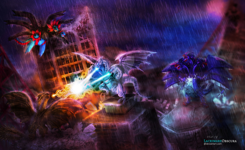 alpha_hydranoid bakugan battle beam blue-eyes_ultimate_dragon blue_eyes building character_request city clash claws cloud cloudy_sky creature destruction dragon dragon_horns dragon_wings duel_monster electricity energy epic fangs fighting gen_5_pokemon glowing glowing_eyes godzilla_(series) highres horns hydreigon kaiju king_ghidorah lacrimareobscura lightning monster multiple_heads multiple_tails multiple_wings night nintendo no_humans no_pupils open_mouth oversized_wings pokemon pokemon_(creature) rain red_eyes scales sharp_teeth sky sparkle tail teeth wings yu-gi-oh!