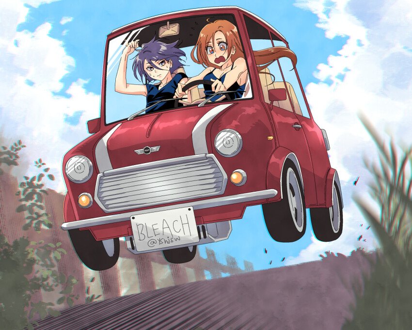 2girls bare_shoulders bleach blue_sky brown_eyes brown_hair car cloud collarbone colored_skin copyright_name driving fence grass hair_between_eyes highres holding_steering_wheel inoue_orihime kuchiki_rukia license_plate long_hair mini_cooper motor_vehicle multiple_girls nervous_sweating open_mouth purple_eyes purple_skin red_car sky spaghetti_strap steering_wheel sweat yshjsw