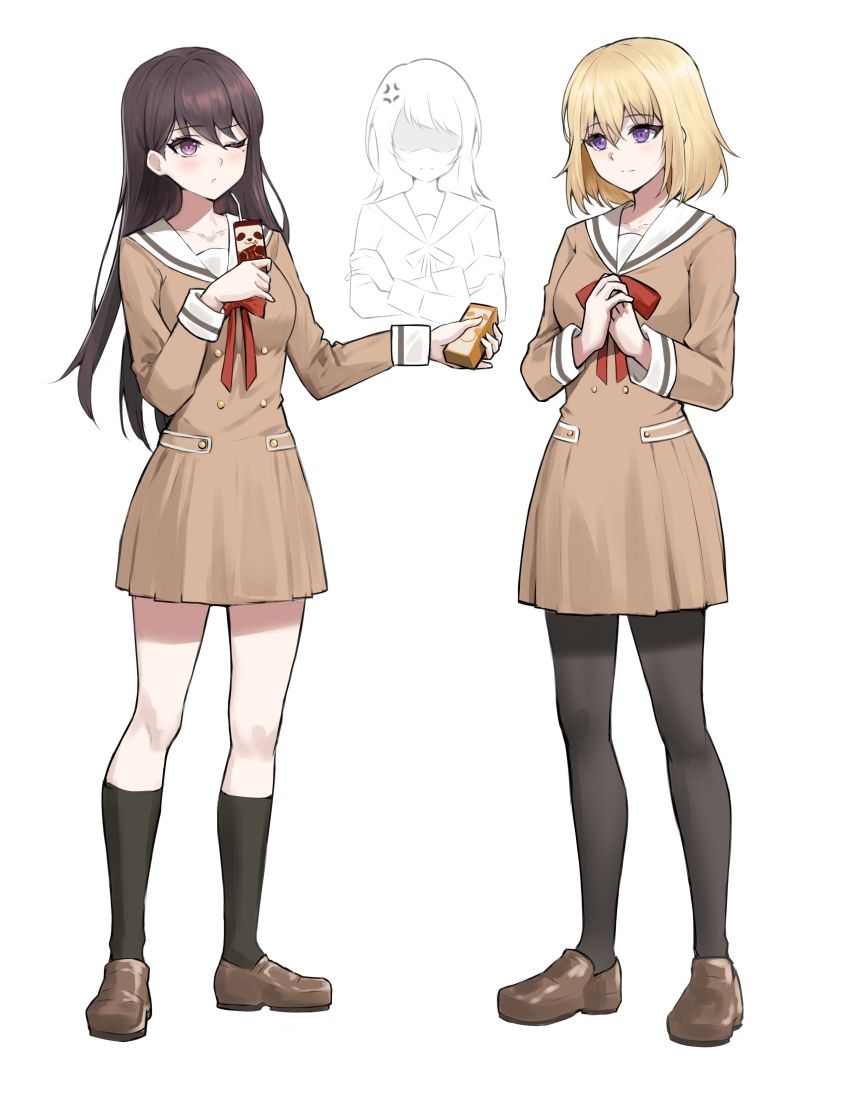 3girls absurdres anger_vein bang_dream! bang_dream!_it&#039;s_mygo!!!!! black_pantyhose black_socks blonde_hair blush brown_hair brown_shoes carton chibi commentary_request crossed_arms dress hair_between_eyes hanasakigawa_school_uniform highres kneehighs loafers long_hair medium_hair misumi_uika mole mole_under_eye multiple_girls neck_ribbon one_eye_closed open_mouth pantyhose pleated_dress purple_eyes red_ribbon ribbon sailor_collar school_uniform shiina_taki shoes simple_background socks unique_(pixiv12704744) white_background white_sailor_collar yahata_umiri