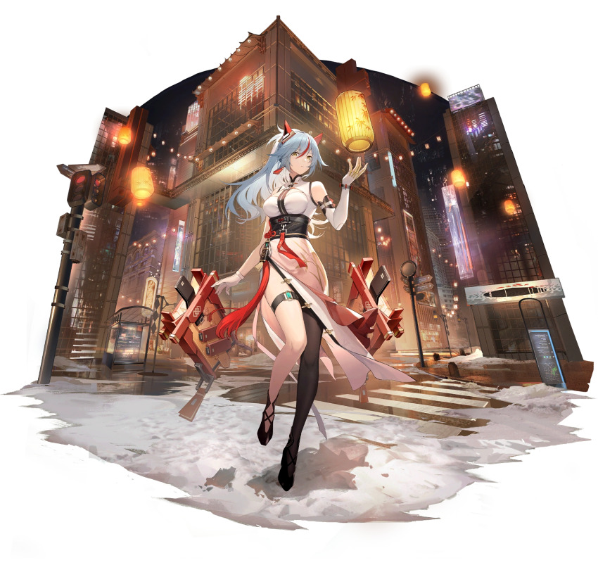 1girl artist_request asymmetrical_armwear asymmetrical_legwear bare_shoulders breasts building character_request fake_horns full_body gloves grey_hair highres horns japanese_clothes lamp large_breasts long_hair looking_at_viewer night road serious single_glove snowbreak:_containment_zone street transparent_background yellow_eyes