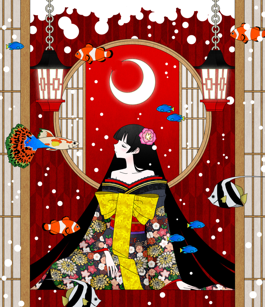 1girl alternate_costume bare_shoulders black_hair blunt_bangs blush chain closed_eyes closed_mouth clownfish crescent_moon facing_to_the_side fish fish_request floral_print floral_print_kimono flower hair_flower hair_ornament hand_on_lap hanging_lantern highres hime_cut hinoyama_ena japanese_clothes kimono kumeta_kouji_(style) layered_clothes layered_kimono light_particles long_hair moon moon_gate nijisanji obi obijime off_shoulder parody patterned_background pink_flower print_kimono profile sash sitting solo style_parody tsukino_mito very_long_hair virtual_youtuber yagasuri yellow_sash yokozuwari