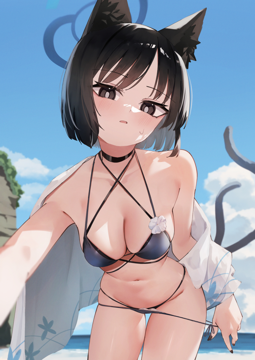 1girl 200f_(nifu) absurdres animal_ear_fluff animal_ears bare_arms beach bikini bikini_bottom_pull bikini_pull black_bikini black_choker black_eyes black_hair black_nails blue_archive blue_bikini blue_halo blue_sky blurry blurry_background blush breasts bright_pupils cat_ears cat_girl cat_tail choker cleavage clothes_pull cloud collarbone commentary cowboy_shot criss-cross_halter cumulonimbus_cloud day fingernails flower groin halo halterneck hand_up highres horizon kikyou_(blue_archive) kikyou_(swimsuit)_(blue_archive) layered_bikini leaning_forward looking_at_viewer medium_breasts multi-strapped_bikini_bottom multi-strapped_bikini_top multiple_tails nail_polish navel ocean official_alternate_costume outdoors outstretched_arm parted_lips pulling_own_clothes reaching reaching_towards_viewer short_hair side-tie_bikini_bottom single_bare_shoulder sky solo stomach sweatdrop swimsuit tail tail_raised thigh_gap towel towel_on_one_shoulder white_flower white_pupils