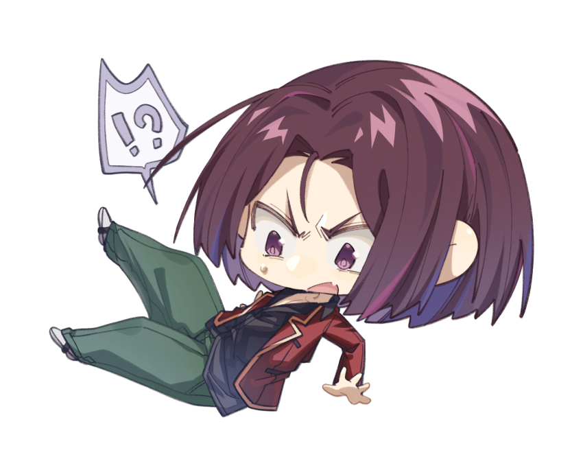 !? 1boy advanced_nurturing_high_school_uniform black_shirt blazer chibi chibi_only collarbone collared_shirt falling fang full_body furrowed_brow highres in_air jacket long_sleeves looking_down male_focus open_mouth pectoral_cleavage pectorals purple_eyes purple_hair red_jacket ryuuen_kakeru school_uniform shirt short_hair skin_fang solo sweatdrop white_background white_footwear wing_collar yellow_trim yizhongziwei youkoso_jitsuryoku_shijou_shugi_no_kyoushitsu_e