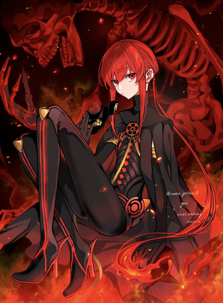 1boy black_bodysuit bodysuit bone crest family_crest fate/grand_order fate_(series) fiery_hair gashadokuro giant_skeleton high_heels highres holding holding_mask koha-ace long_hair low_ponytail mask oda_nobukatsu_(fate) oda_nobukatsu_(third_ascension)_(fate) oda_uri ponytail red_eyes red_hair red_theme red_trim sitting skull_mask solo turtleneck turtleneck_bodysuit very_long_hair yui_(tamagohan)