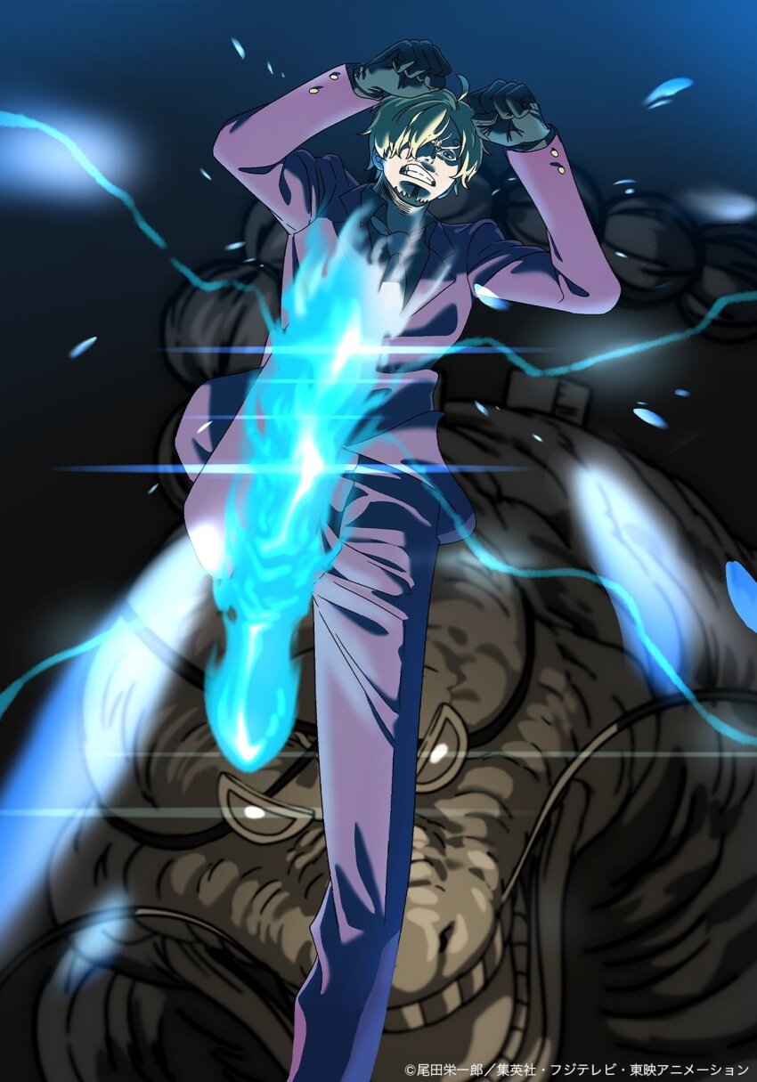 2boys alternate_form black_gloves blonde_hair blue_fire brachiosaurus clenched_hands clenched_teeth commentary english_commentary facial_hair fire formal_clothes gloves goatee goggles hair_over_one_eye highres hone_honehone ifrit_jambe looking_at_viewer multiple_boys mustache official_art one_piece queen_(one_piece) sanji_(one_piece) short_hair suit teeth