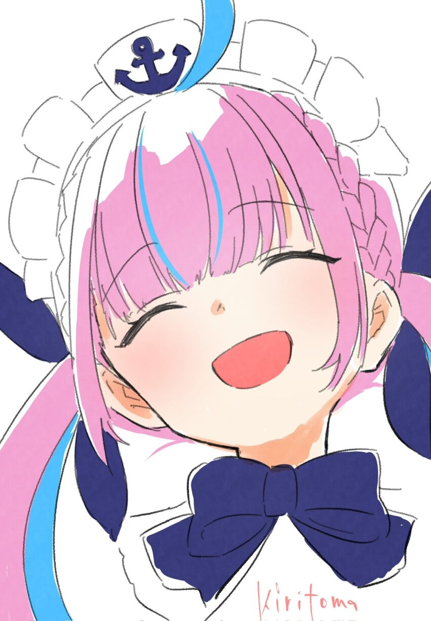 1girl :d ^_^ ahoge blue_bow blue_hair blue_ribbon bow braid closed_eyes hair_ribbon head_only head_tilt highres hololive kiritoma long_hair maid_headdress minato_aqua minato_aqua_(1st_costume) multicolored_hair open_mouth pink_hair ribbon signature simple_background smile solo streaked_hair two-tone_hair virtual_youtuber white_background