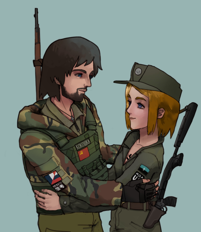 1boy 1girl absurdres arm_patch beard beard_stubble belt beret blonde_hair blue_background blue_eyes bolt_action breasts brown_belt brown_hair bulletproof_vest buttoned_cuffs buttons camouflage camouflage_jacket claude_elybeux collarbone commission commissioner_upload couple cross cross_necklace cyrillic digital_camouflage elf3 english_text facial_hair french_flag green_pants gun handgun hat highres holstered hug jacket jewelry long_sleeves looking_at_another malorussia malorussian_flag malorussian_liberation_army marichka medium_hair military_combat_uniform military_hat military_jacket military_uniform morale_patch mosin-nagant name_tag necklace non-web_source original pants partially_open_jacket patch revolver rifle russia russian_flag russian_ground_forces russian_text russo-ukrainian_war shotgun shoulder_patch simple_background size_difference small_breasts soldier soviet soviet_flag stubble swastika tactical_clothes tattoo weapon zipper