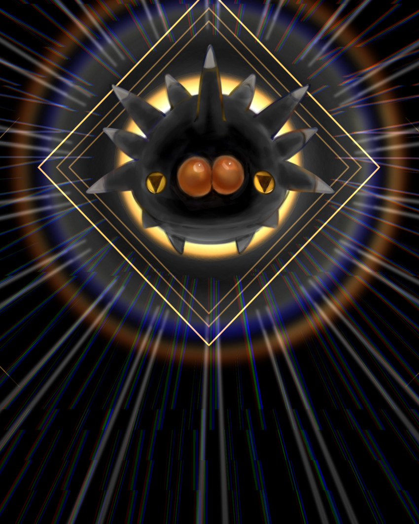 alternate_color animal_focus backlighting black_background black_theme brown_eyes chromatic_aberration colored_sclera gen_8_pokemon glitch highres lens_flare looking_at_viewer nintendo no_humans pincurchin pokemon pokemon_(creature) rey_(pixiv_95560830) shiny_pokemon solo spikes straight-on yellow_sclera