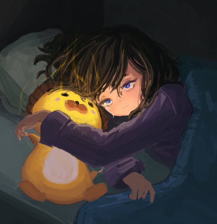 1girl bed blanket blue_eyes brown_hair crying crying_with_eyes_open elainma hair_between_eyes highres hug lying hugging_object on_side pajamas pillow purple_pajamas sakutarou_(umineko) stuffed_toy tears umineko_no_naku_koro_ni ushiromiya_maria