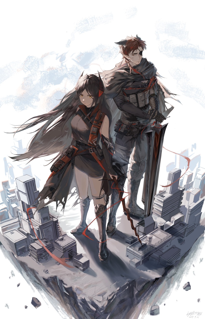 1boy 1girl absurdres allieali arknights armor bare_shoulders black_boots black_dress black_gloves black_hair black_horns black_pants black_shirt boots building chinese_commentary closed_mouth commentary_request cross-shaped_pupils debris dress elbow_gloves eyepatch full_body gauntlets giant giantess gloves grey_horns hands_on_hilt highres hoederer_(arknights) holding horns ines_(arknights) knee_boots long_hair looking_at_viewer one_eye_covered orange_eyes pants parted_bangs red_hair shirt short_dress single_gauntlet standing sword symbol-shaped_pupils thigh_strap torn_clothes weapon yellow_eyes