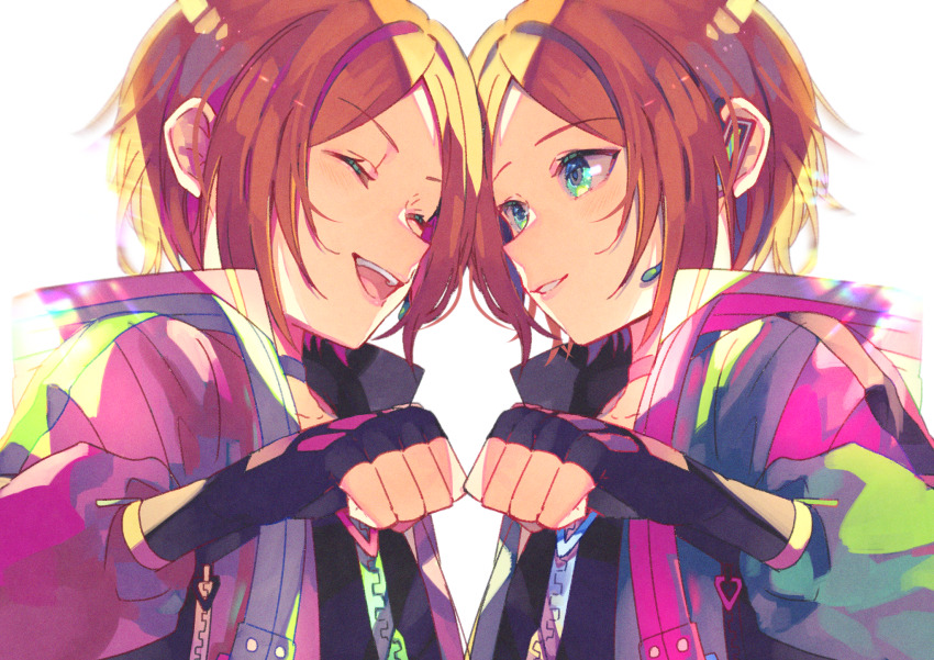 2boys aoi_hinata aoi_yuta backlighting bishounen black_gloves brothers brown_hair choker coat collarbone ensemble_stars! eyelashes fingerless_gloves fist_bump gloves green_eyes highres male_focus multiple_boys nagatsukiariake open_mouth parted_lips pink_choker pink_coat puffy_sleeves purple_choker short_hair siblings twins upper_body white_background