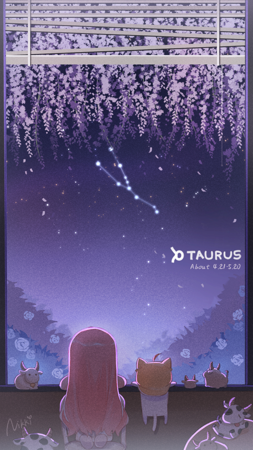1girl bell bush chair commentary constellation copyright_name cow dated dated_commentary dress english_commentary english_text falling_petals flower from_behind highres kneeling leaf looking_up miracle_nikki momo_(nikki) night night_sky nikki_(nikki) nikki_(series) official_art on_chair petals pink_hair shining_nikki sky star_(sky) starry_sky taurus_(constellation) taurus_(symbol) taurus_(zodiac) tree white_dress white_footwear zodiac