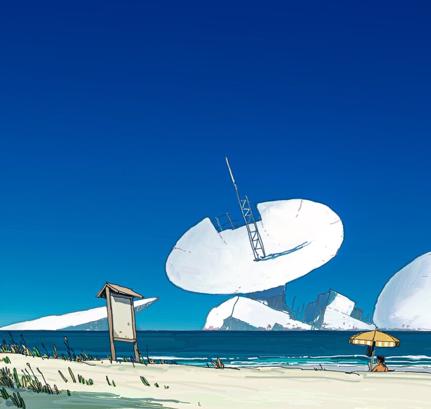 1boy alariko beach blue_sky day highres ocean original radar radar_dish sand scenery shadow shore sky solo sunlight umbrella