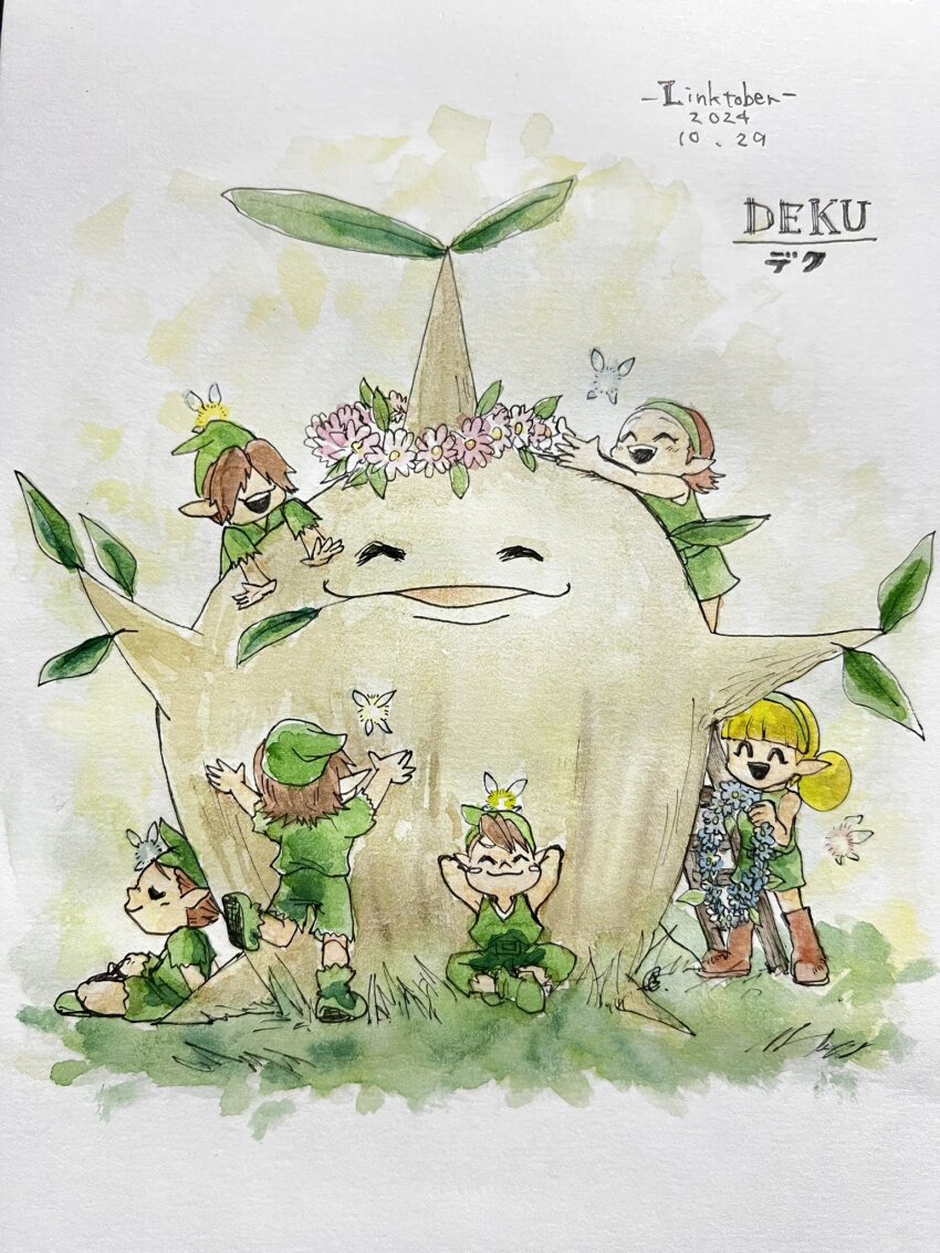 2girls 4boys arms_up blonde_hair blush_stickers boots brothers_(zelda) brown_hair closed_eyes fado_(ocarina_of_time) fairy flower flower_on_head flower_wreath grass great_deku_sprout great_deku_tree hair_over_eyes hairband hat highres know-it-all_brothers_(zelda) kokiri kokiri_shopkeeper ladder mido_(zelda) multiple_boys multiple_girls nana_mochi777 nintendo open_mouth painting_(medium) pointy_ears redheaded_kokiri_girl sitting smile the_legend_of_zelda the_legend_of_zelda:_ocarina_of_time traditional_media tunic twintails watercolor_(medium)