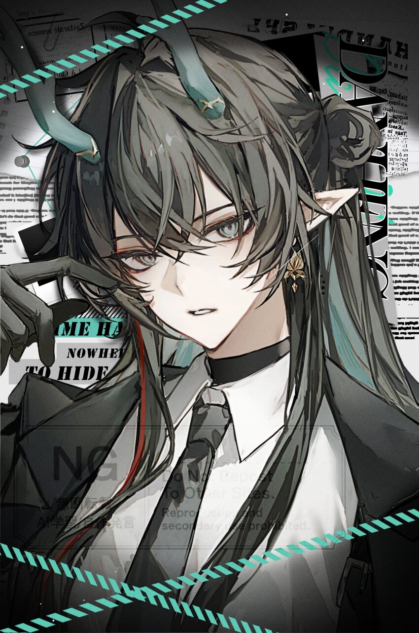 1boy absurdres aqua_horns bccch123 black_choker black_gloves black_hair black_jacket black_necktie choker collared_shirt commentary dan_heng_(honkai:_star_rail) dragon_boy earrings gloves grey_eyes hair_between_eyes hand_up highres honkai:_star_rail honkai_(series) horns jacket jewelry long_hair looking_at_viewer male_focus necktie open_clothes open_jacket parted_lips pointy_ears portrait shirt solo symbol-only_commentary white_shirt