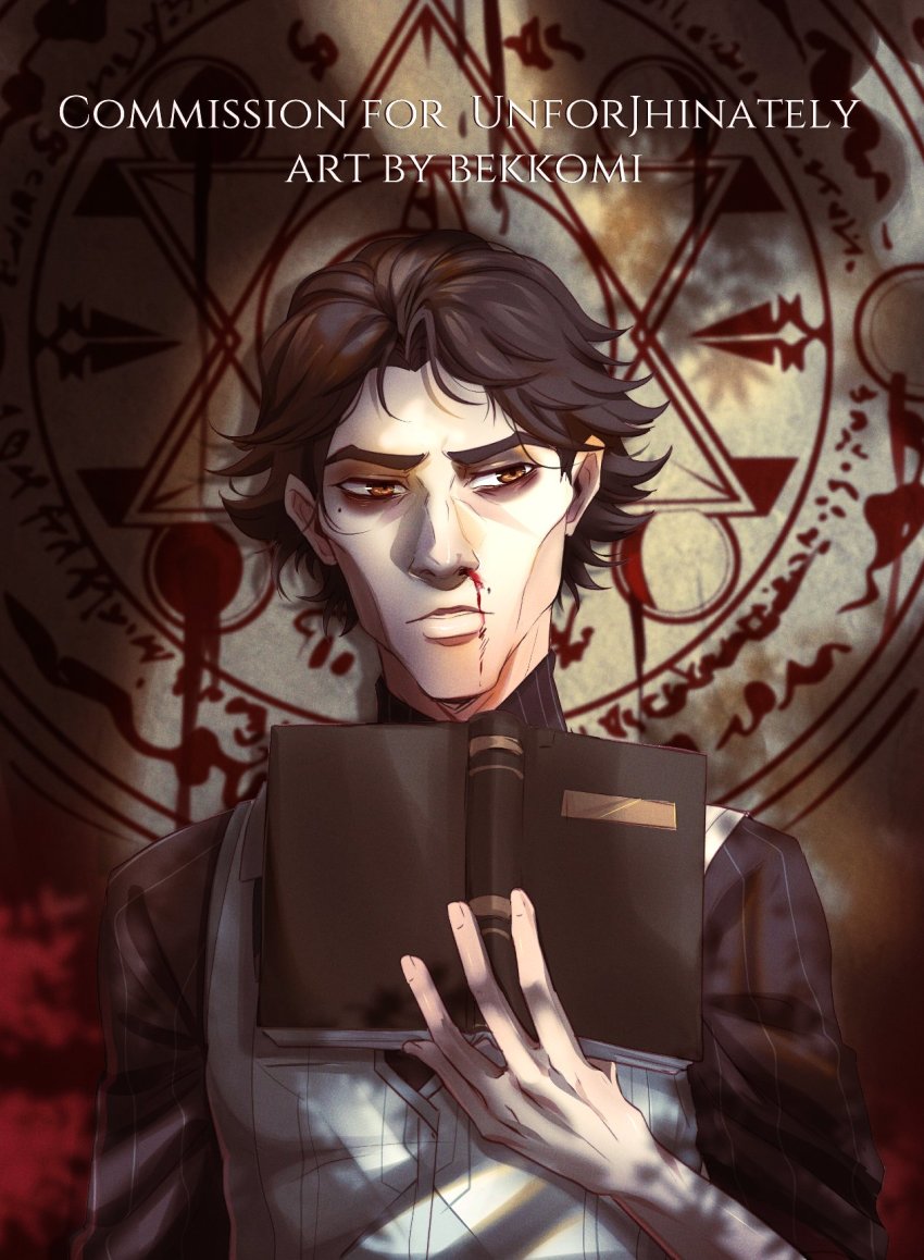1boy arcane:_league_of_legends artist_name bekkomi black_shirt blood book brown_background brown_eyes brown_hair commission english_text hand_up highres holding holding_book league_of_legends male_focus nosebleed open_book shirt short_hair solo striped_clothes striped_shirt upper_body viktor_(arcane) viktor_(league_of_legends)