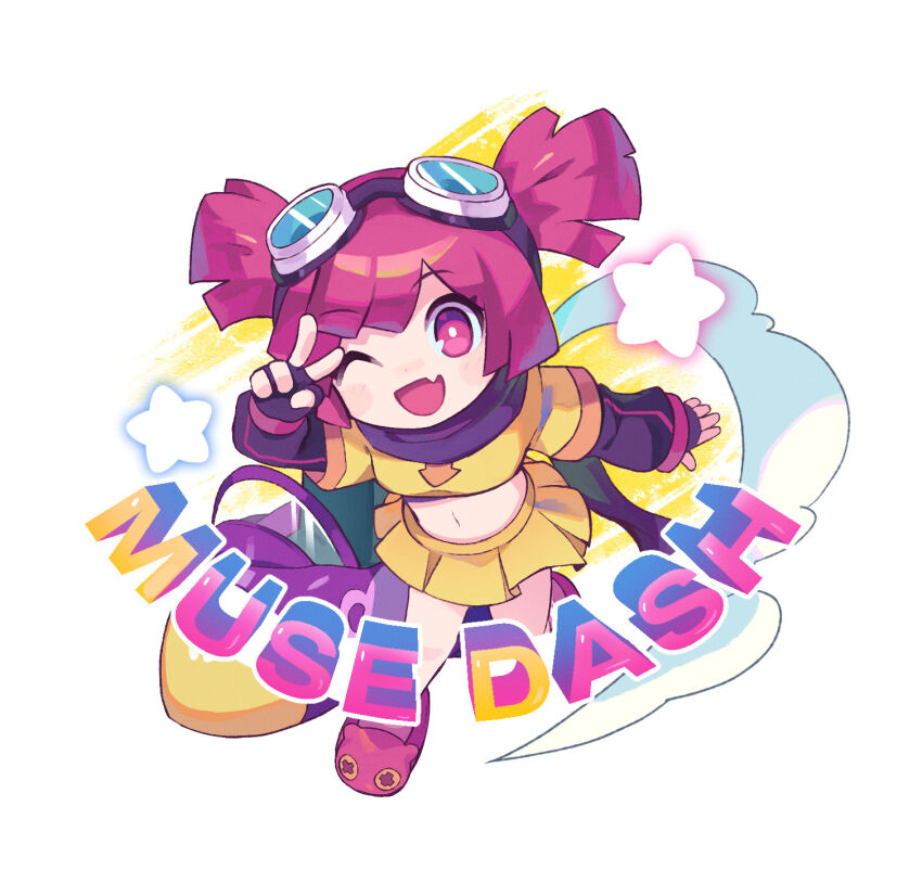 1girl breasts buro_(muse_dash) buro_(pilot)_(muse_dash) commentary copyright_name fang highres looking_at_viewer midriff morizo_(morizoshop) muse_dash navel one_eye_closed open_mouth pink_eyes pink_hair rocket shirt shoes short_twintails skin_fang skirt small_breasts smile solo star_(symbol) twintails