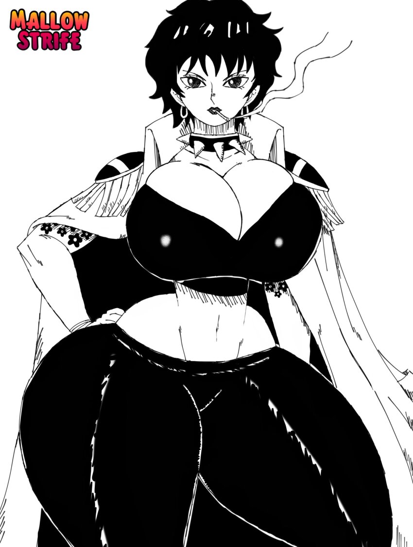 1girl breasts cigarette cleavage collar curvy doll_(one_piece) earrings female_focus hand_on_own_hip highres huge_breasts jewelry looking_at_viewer mallowstrife midriff monochrome narrow_waist navel one_piece short_hair skindentation solo spiked_collar spikes tattoo thick_thighs thighs wide_hips