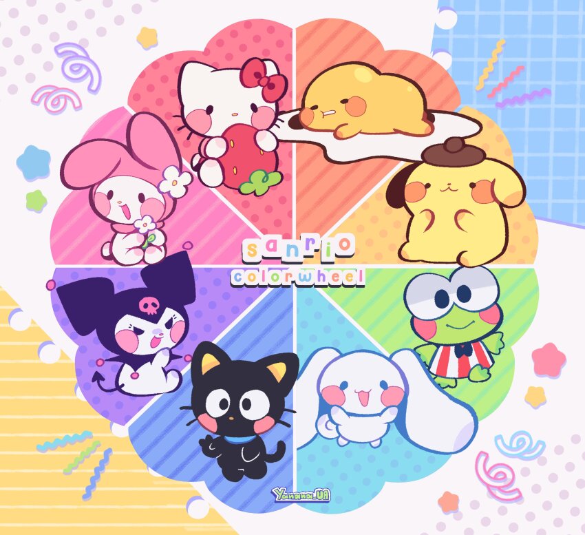 :d absurdres animal_hood artist_name black_eyes black_hood black_skin blush bow brown_hat cat character_request cinnamoroll color_wheel_challenge colored_skin commentary copyright_name demon_tail english_commentary food fruit fuwa_fuwa_cinnamoroll green_skin halftone hasunoue_keroppi hat hello_kitty hello_kitty_(character) highres hood hood_up kero_kero_keroppi kuromi looking_at_viewer multiple_drawing_challenge my_melody no_humans onegai_my_melody open_mouth pink_hood red_bow sanrio simple_background skull_print smile strawberry tail white_skin yanana_ua yellow_skin