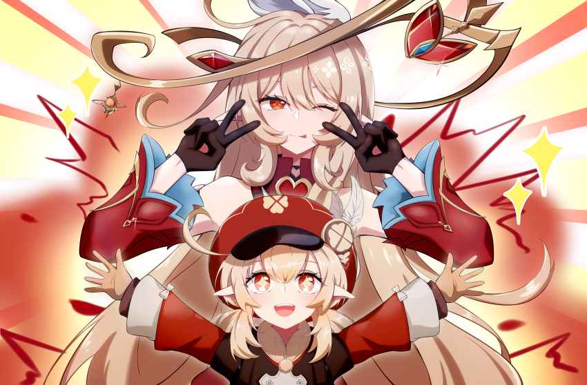 +_+ 2girls :p absurdres alice_(genshin_impact) bare_shoulders beret black_gloves blonde_hair cowlick detached_sleeves floating_headgear genshin_impact gloves hat headgear highres jacket klee_(genshin_impact) long_hair long_sleeves looking_at_viewer low_twintails mother_and_daughter multiple_girls one_eye_closed open_mouth outstretched_arms pointy_ears qingcha red_hat red_jacket red_sleeves spread_arms tongue tongue_out twintails upper_body