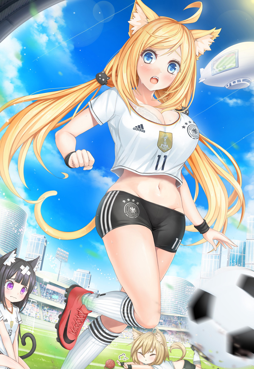 3girls ahoge aircraft animal_ears ball bandaid bike_shorts black_hair blonde_hair blue_eyes blue_sky blush bra breasts brown_hair cat_ears cat_girl cat_tail chibi chibi_inset cleavage crop_top crossed_bandaids day dirigible fang germany groin highres kneehighs large_breasts long_hair looking_at_viewer low_twintails multiple_girls navel nike_(company) open_mouth purple_eyes scrunchie seiza sitting sky small_breasts soccer soccer_ball soccer_field soccer_uniform socks solo_focus sportswear strap_gap sunimu sweat tail tears twintails underwear wardrobe_malfunction white_bra world_cup wristband yarn yarn_ball