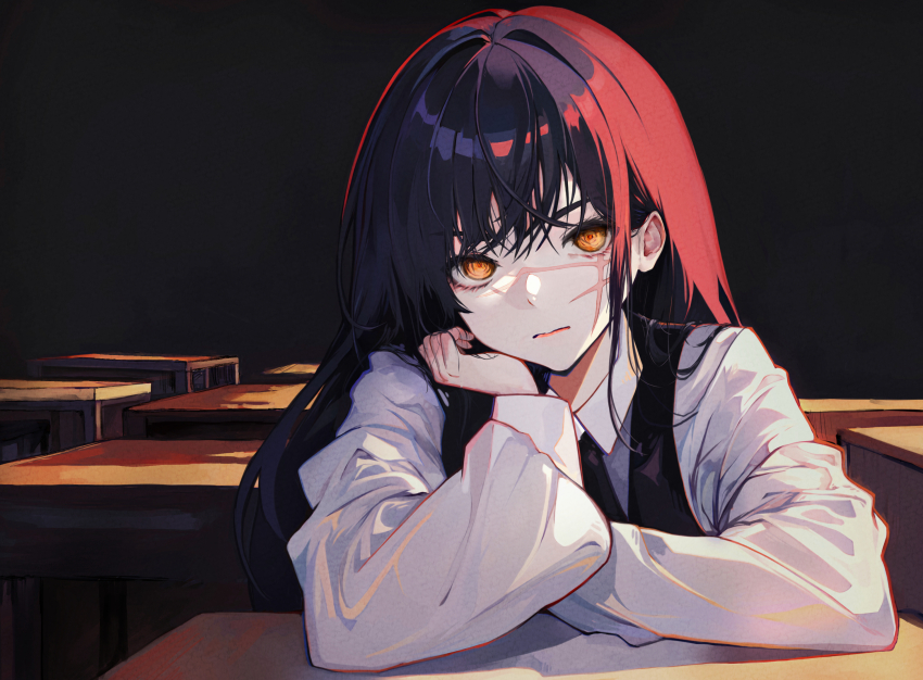 1girl black_background black_hair black_necktie black_vest brown_eyes chainsaw_man classroom closed_mouth collared_shirt commentary desk elbow_rest english_commentary head_rest highres long_hair long_sleeves looking_at_viewer mochimentai necktie ringed_eyes scar scar_on_face school_desk shirt solo upper_body vest white_shirt yoru_(chainsaw_man)