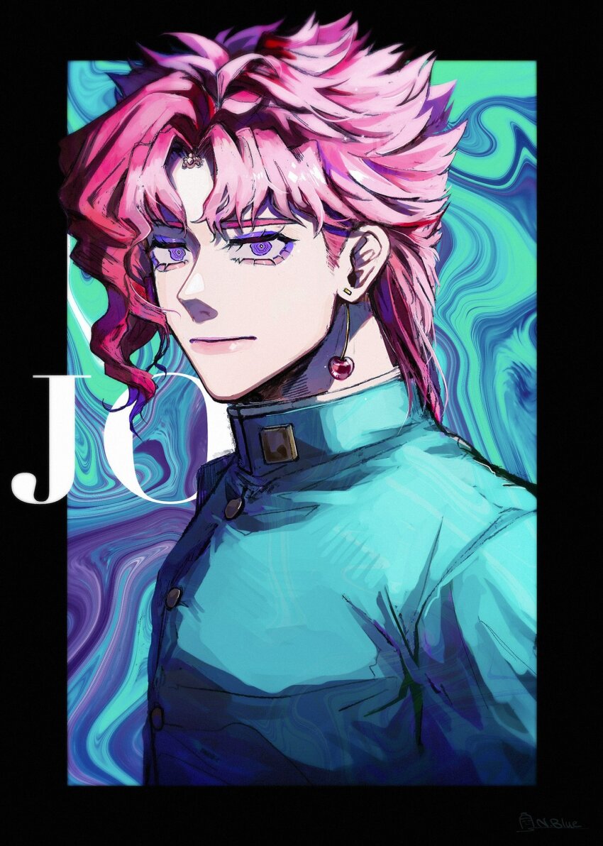 1boy @_@ cherry_earrings commentary_request earrings food-themed_earrings food_themed_earrings gakuran highres jewelry jojo_no_kimyou_na_bouken kakyoin_noriaki male_focus natchan_blue_(nanairopenki) pink_hair purple_eyes school_uniform solo upper_body