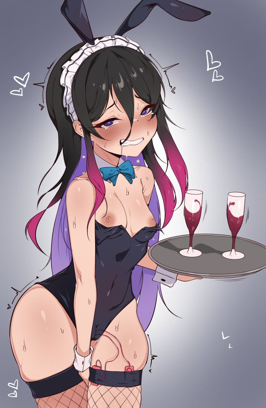1girl 2024 alice_hoshihime black_hair blush breasts cameltoe cup grey_background heart highres holding_glass indie_virtual_youtuber kamihoshi_project kkrazyyyy1 maid_headdress motion_lines pink_hair purple_hair sex_toy small_breasts solo sweat vibrator vibrator_under_clothes virtual_youtuber