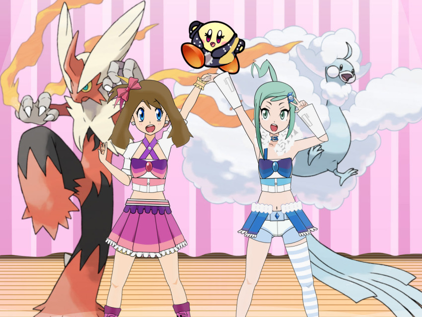 1girl altaria beak blaziken blue_eyes breasts brown_hair claws closed_mouth colored_sclera creatures_(company) fire furry game_freak gen_3_pokemon green_eyes kicking kirby kirby_(series) lisia_(pokemon) long_hair looking_at_viewer may_(pokemon) mega_blaziken mega_pokemon nintendo non-web_source pokemon pokemon_oras