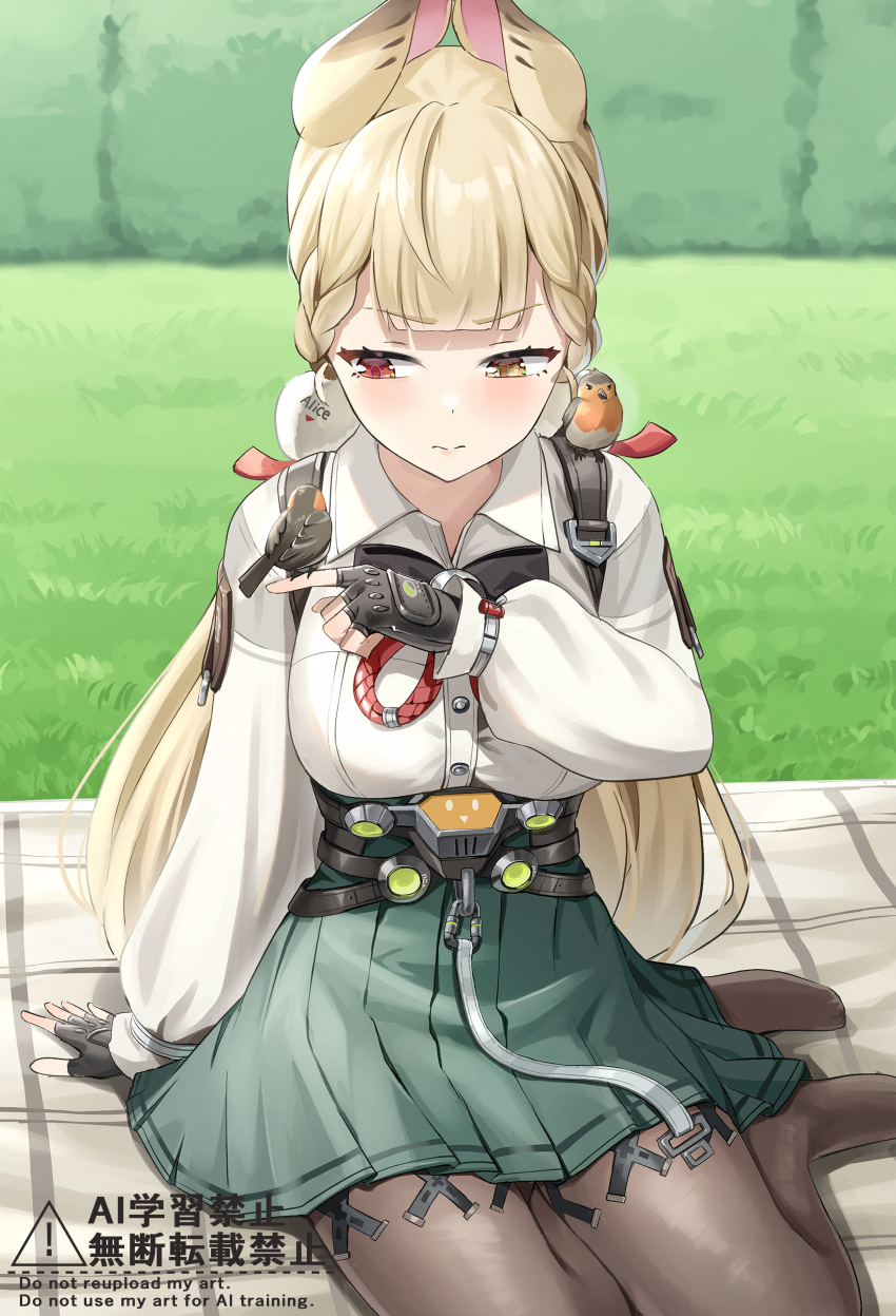 1girl absurdres alice_thymefield animal_ears belt bird bird_on_hand black_belt black_gloves black_pantyhose blonde_hair blush breasts closed_mouth collared_shirt commentary_request cyclone_tarou gloves grass green_skirt hair_ornament heterochromia highres large_breasts long_hair looking_at_viewer low_twintails pantyhose rabbit_ears rabbit_girl red_eyes revision shirt skirt solo sphere_hair_ornament twintails very_long_hair white_shirt yellow_eyes zenless_zone_zero