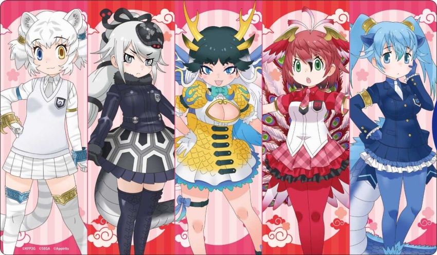 5girls animal_ears black_hair blue_hair byakko_(kemono_friends) extra_ears genbu_(kemono_friends) grey_hair head_wings horns kemono_friends kemono_friends_3 kirin_(kemono_friends) long_hair looking_at_viewer multiple_girls official_art red_hair seiryuu_(kemono_friends) short_hair simple_background suzaku_(kemono_friends) white_hair wings