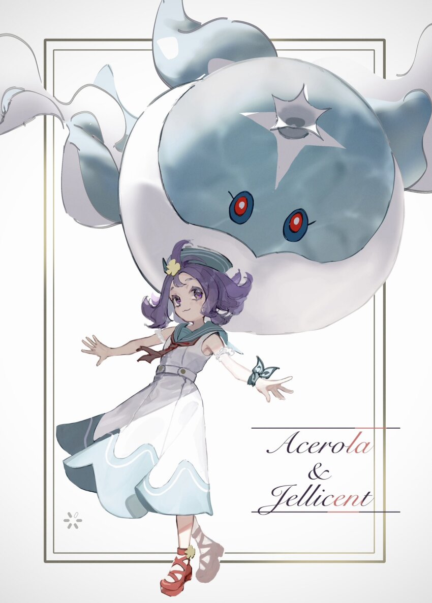 1girl acerola_(pokemon) acerola_(summer_2024)_(pokemon) blue_hat character_name closed_mouth dress full_body gen_5_pokemon hat highres jellicent jellicent_(male) looking_at_viewer nintendo official_alternate_costume pokemon pokemon_(creature) pokemon_masters_ex purple_eyes purple_hair red_footwear sailor_dress sailor_hat short_hair sleeveless sleeveless_dress sora_no87 white_dress