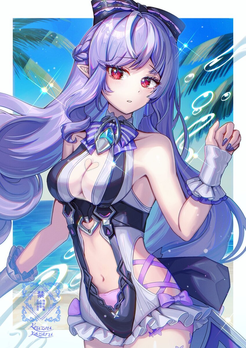 1girl animal_print bare_shoulders beach black_bow blue_sky blush border bow bowtie breasts butterfly_print clothing_cutout commentary_request drill_hair drill_sidelocks frilled_one-piece_swimsuit frilled_wrist_cuffs frills hair_bow hand_up heart_cutout highres horizon kozou_kazaru long_hair looking_to_the_side medium_breasts mole mole_under_eye navel ocean official_alternate_costume one-piece_swimsuit outdoors palm_tree parted_lips pink_bow pointy_ears purple_bow purple_bowtie purple_hair purple_nails red_eyes sand see-through_clothes sidelocks sky solo sparkle splashing stomach_cutout swimsuit tree two-tone_one-piece_swimsuit upper_body vivian_banshee vivian_banshee_(iris_of_the_shore) water white_border white_one-piece_swimsuit wrist_cuffs zenless_zone_zero