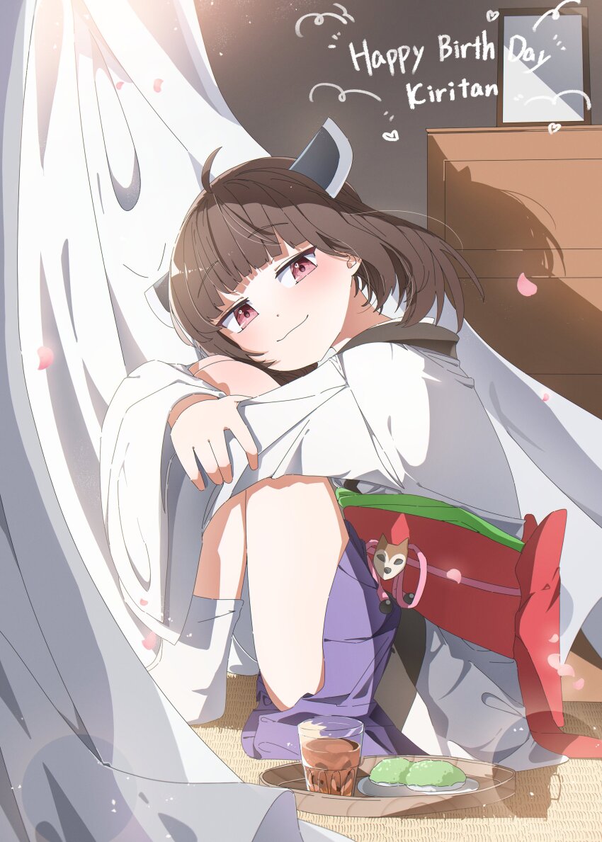 1girl :3 absurdres ahoge back_bow blunt_bangs blush bow brown_hair chest_of_drawers closed_mouth commentary_request falling_petals floating_hair from_side full_body half-closed_eyes happy_birthday headgear highres hugging_own_legs indoors ixia559 japanese_clothes kimono knees_to_chest knees_up lens_flare light_particles looking_to_the_side medium_hair obi obiage obijime petals pink_eyes plate pleated_skirt purple_skirt red_bow sash shadow short_kimono skirt smile socks solo tea touhoku_kiritan voiceroid white_kimono white_socks zunda_mochi