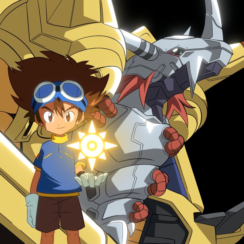 armor crests_(digimon) digimon digimon_(creature) digimon_adventure gloves highres looking_at_viewer officialseraphimon smile wargreymon yagami_taichi