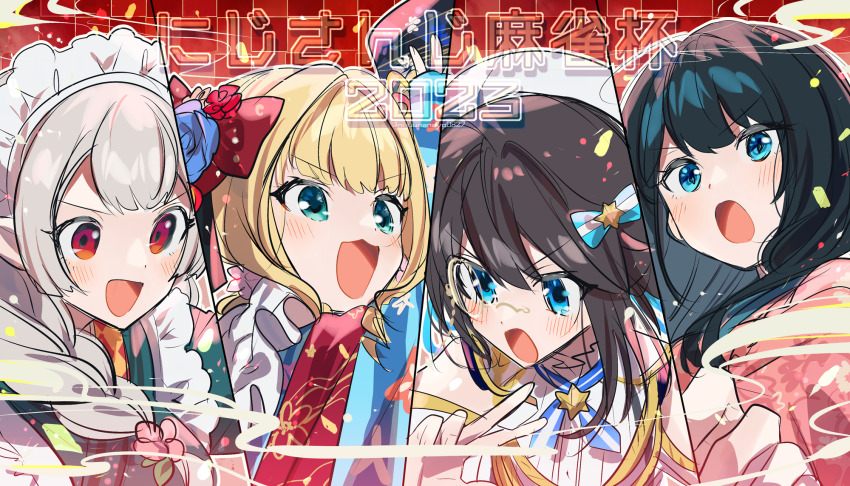 4girls :d arm_up bare_shoulders beret black_hair blonde_hair blue_eyes blue_flower blue_kimono blue_rose bow braid elu_(6th_costume)_(nijisanji) elu_(nijisanji) flower grey_hair hair_between_eyes hair_bow hair_intakes hair_over_shoulder hat highres japanese_clothes kimono long_hair long_sleeves maid_headdress mononobe_alice mononobe_alice_(new_year) multiple_girls nijisanji ninahachi onomachi_haruka open_mouth pink_kimono red_bow red_flower rose shirt single_braid sleeveless sleeveless_shirt sleeves_past_wrists smile sorahoshi_kirame translation_request twitter_username v-shaped_eyebrows virtual_youtuber white_hat white_shirt wide_sleeves