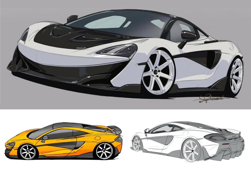 car highres mclaren mclaren_570s motor_vehicle multiple_views orange_car original shadow signature spoiler_(automobile) sports_car tsu-chan vehicle_focus white_car