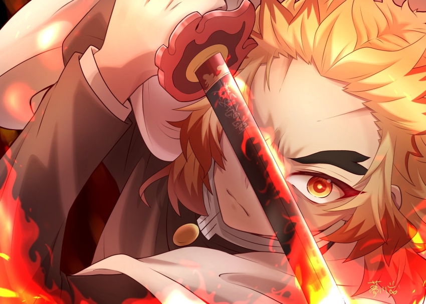 1boy closed_mouth demon_slayer_uniform dutch_angle dynamic_pose fire flaming_weapon forked_eyebrows furrowed_brow haori highres holding holding_sword holding_weapon japanese_clothes kimetsu_no_yaiba long_hair long_sleeves looking_at_viewer male_focus one_eye_covered orange_eyes rengoku_kyoujurou signature solo sword sword_writing weapon white_haori yume_kawa_yume