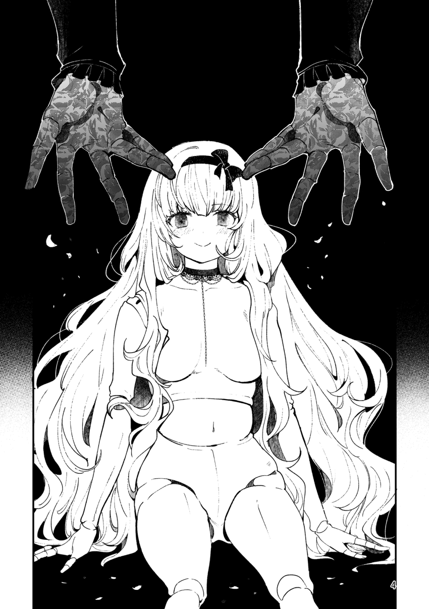 1girl 1other bow closed_mouth doll_joints feet_out_of_frame frilled_sleeves frills gloves greyscale hair_bow hairband highres joints long_hair long_sleeves monochrome navel nude original ruri_rarako sitting smile solo_focus very_long_hair