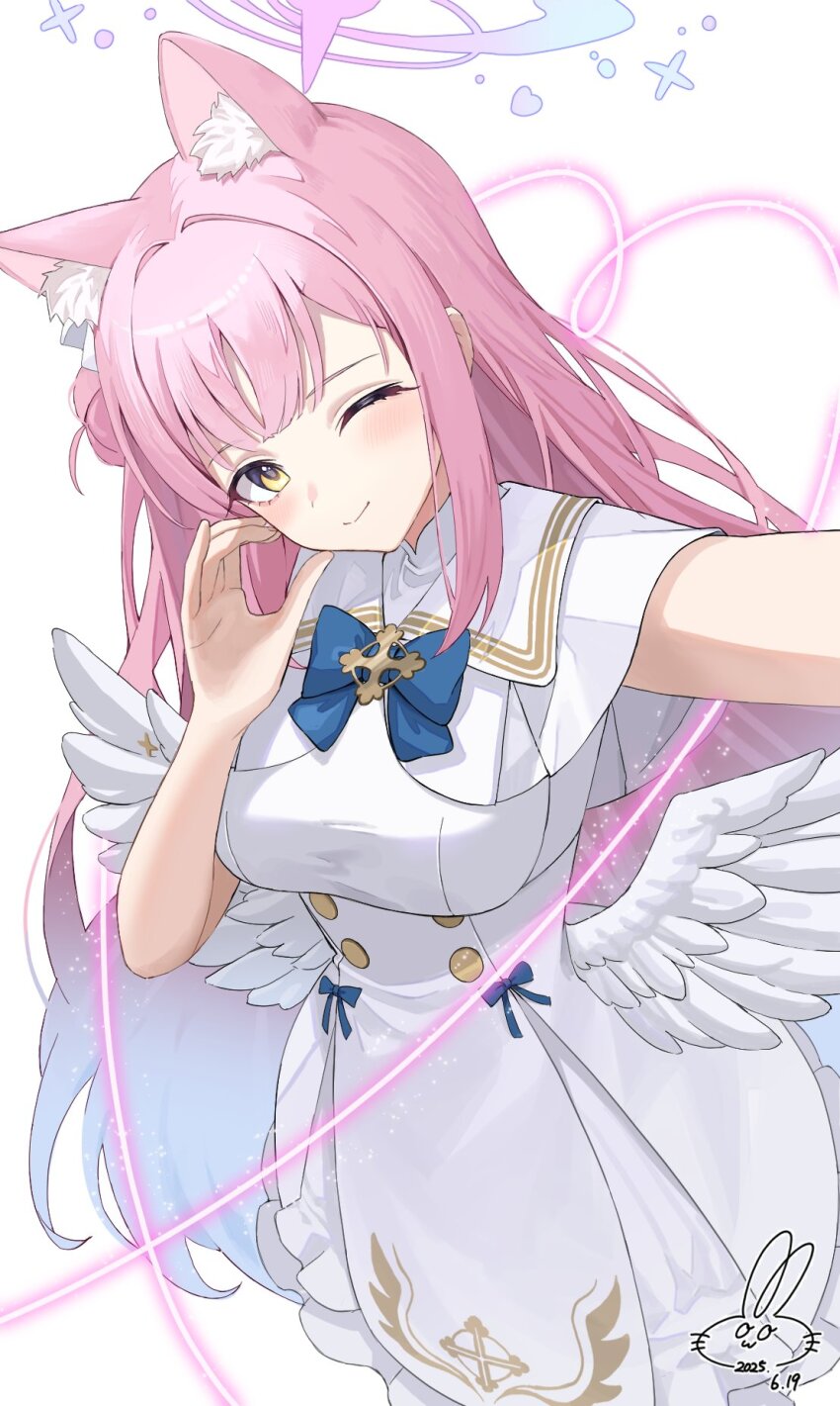 1girl angel_wings animal_ear_fluff animal_ears awa_(awao141) blue_archive blue_bow blue_bowtie blush bow bowtie breasts capelet cat_ears closed_mouth commentary_request dress feathered_wings frilled_dress frills gradient_halo hair_bun halo heart highres kemonomimi_mode large_breasts long_hair looking_at_viewer low_wings mika_(blue_archive) multicolored_hair multicolored_halo one_eye_closed pink_hair pink_halo selfie signature simple_background single_side_bun smile solo white_background white_capelet white_dress white_wings wing_ornament wings yellow_eyes